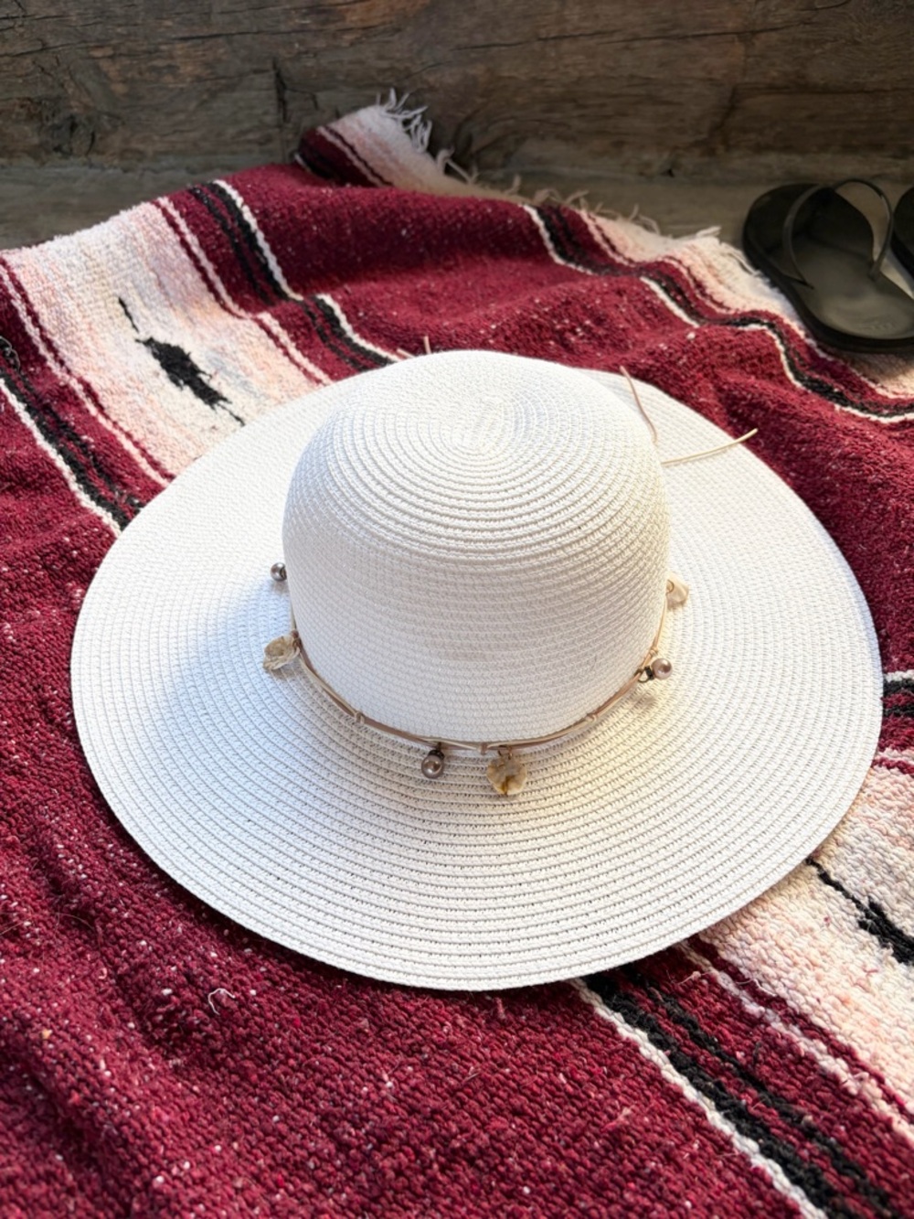 Women’s White Wide-Brim Beach Sun Hat with Charm Trim